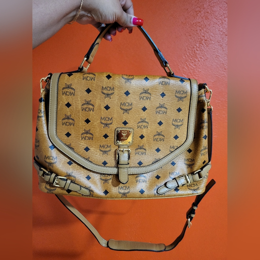 MCM Visetos Top Handle Satchel Cognac